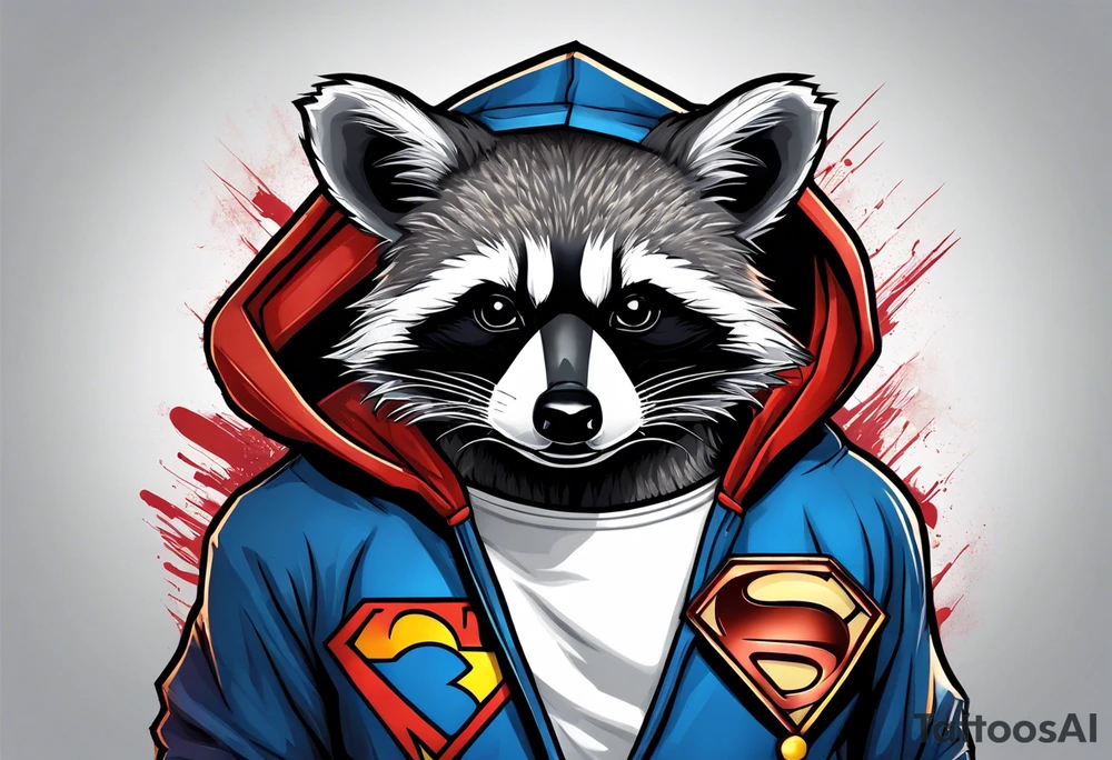 raccoon wearing a Superman hoodie tattoo idea