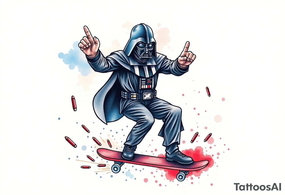 MEMORY TATTOO
Darth Vader skateboarding with hand signal hang loose in heaven, outdoors, bullets, star wars>blue and red 
"Darth Carter"
12/29/88-01/06/24 tattoo idea