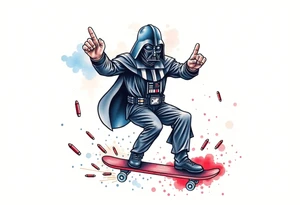 MEMORY TATTOO
Darth Vader skateboarding with hand signal hang loose in heaven, outdoors, bullets, star wars>blue and red 
"Darth Carter"
12/29/88-01/06/24 tattoo idea