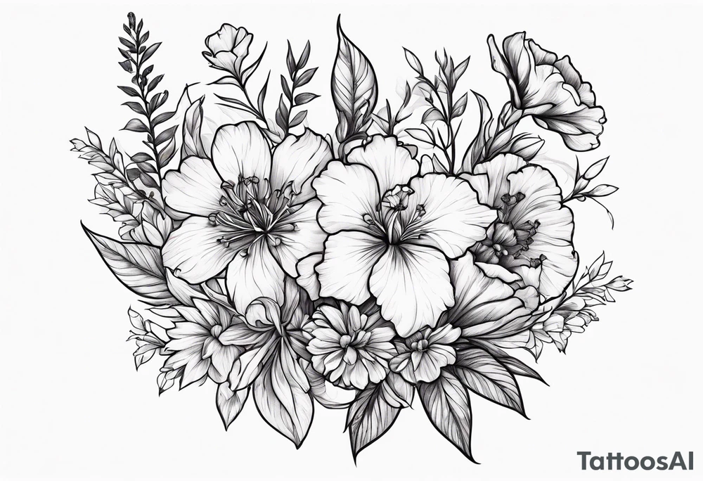 Flowers including larkspur and carnations tattoo idea