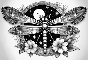 sun and moon together, dragonfly, something that covers the upper part of the arm, with some flowers and stars tattoo idea