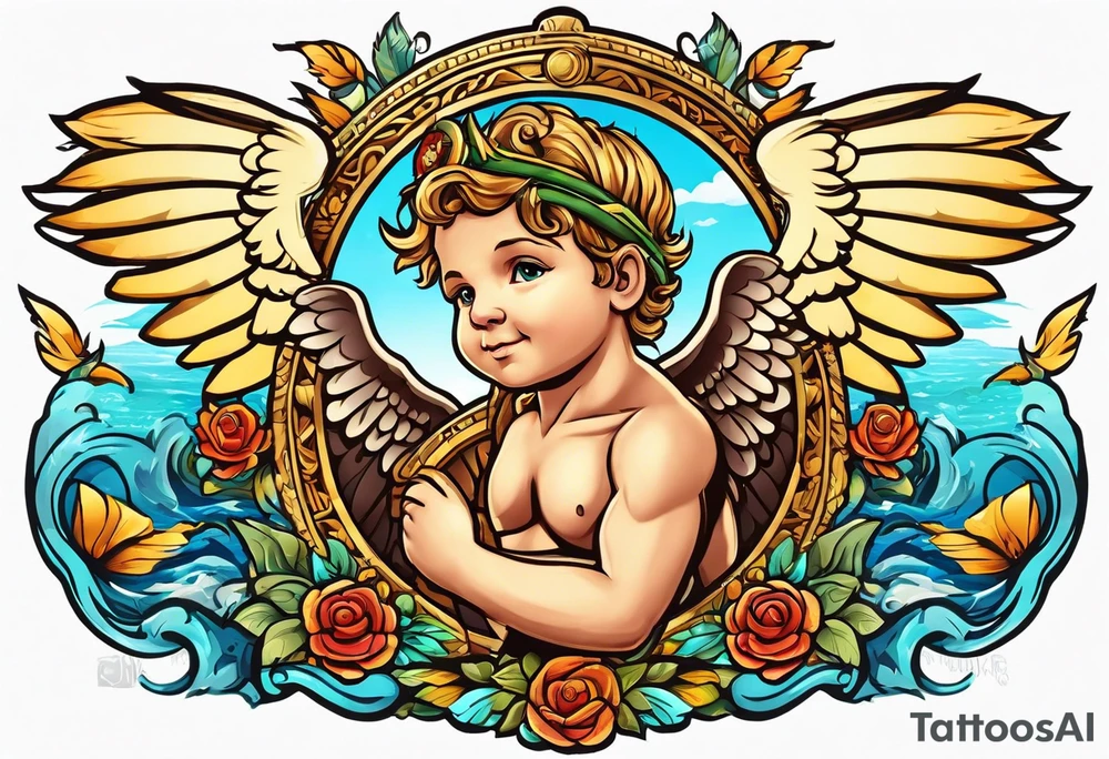 Cupido  fly boy with wings, background sea, ancient rome gods tattoo idea