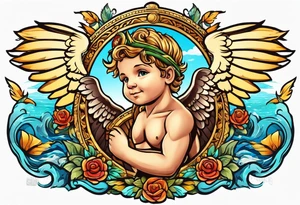 Cupido  fly boy with wings, background sea, ancient rome gods tattoo idea