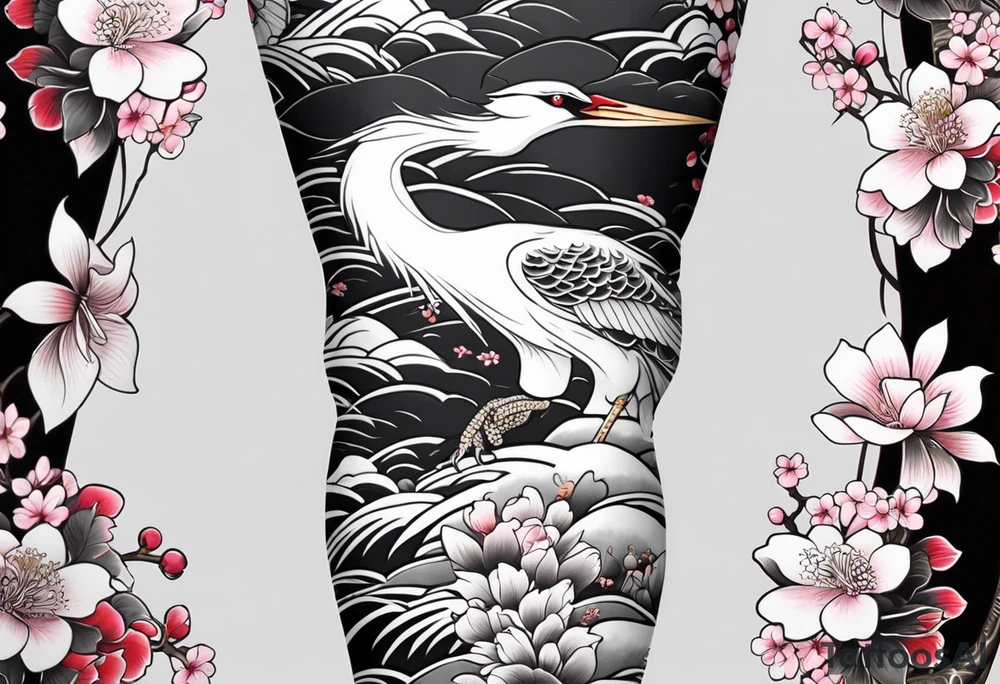 traditional irezumi full leg sleeve with the following elements: crane, cherry blossoms, and lotus flowers tattoo idea