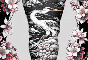 traditional irezumi full leg sleeve with the following elements: crane, cherry blossoms, and lotus flowers tattoo idea