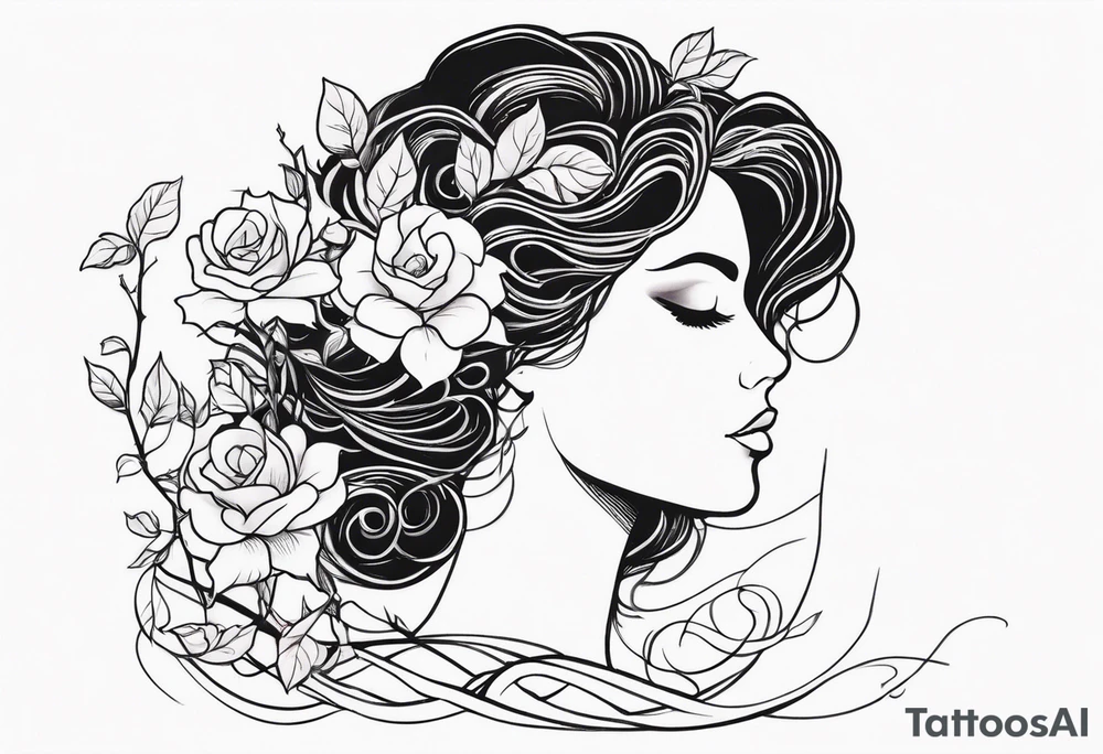 Mother Nature. Side profile with small roses branches and leaves intertwined with her hair. She’s looking at her hands. There is a small rose growing from it tattoo idea