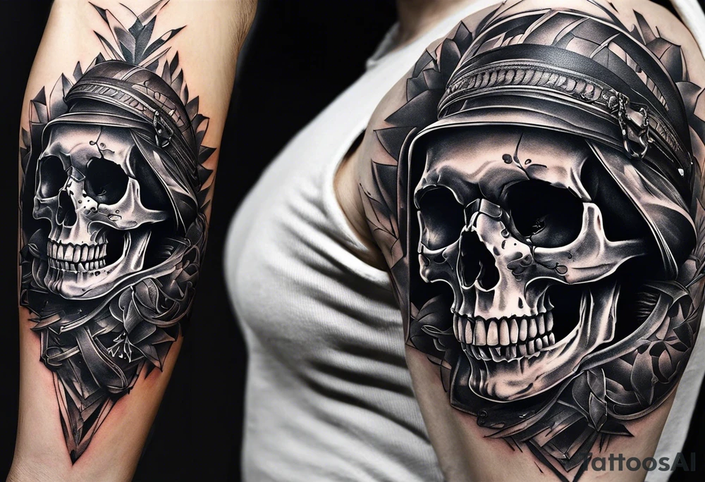 unique tattoo design featuring a skull with strap on the mouth that appears to be releasing or breaking free from its constraints. The design should be intricate, with detailed shading and textures to give it a realistic look. The skull should be positioned on the neck as if it's emerging from the skin. I'd like the design to be bold and eye-catching, with a mix of grey and bright colors to create a striking contrast. tattoo idea