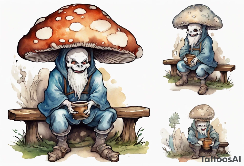 a mushroom-creature wearing a  medieval tunic sitting on a bench by a fireplace drinking from a wood cup, laughing tattoo idea
