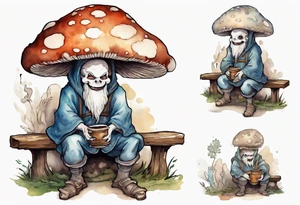 a mushroom-creature wearing a  medieval tunic sitting on a bench by a fireplace drinking from a wood cup, laughing tattoo idea
