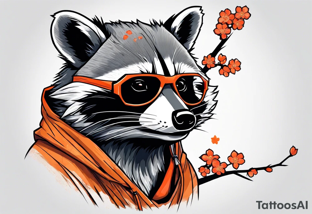 raccoon wearing a Superman hoodie with orange Japanese cherry blossoms tattoo idea