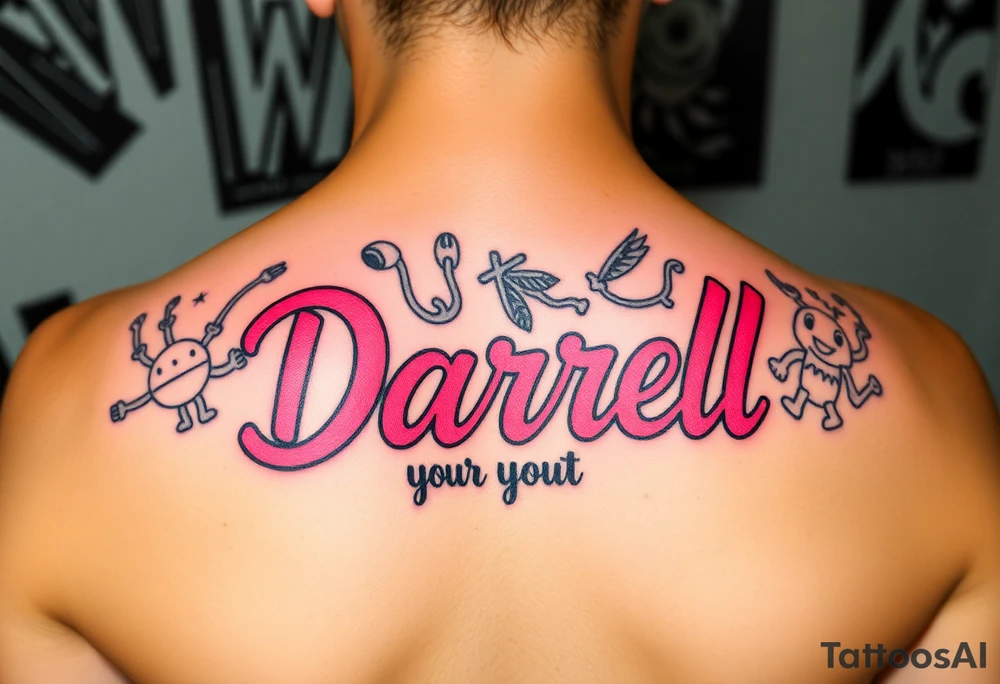 Feminine tattoo, neon colors, "Darrell" with lots of whimsical background tattoo idea