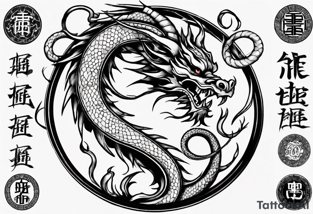 Chinese dragon in a circular shape with "02.03" written on its skin tattoo idea