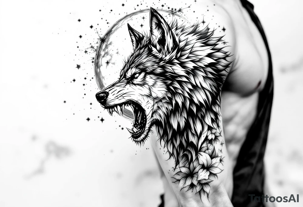 Realistic wolf head snarling with moon background tattoo idea