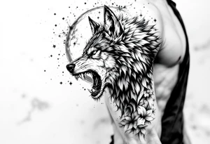 Realistic wolf head snarling with moon background tattoo idea