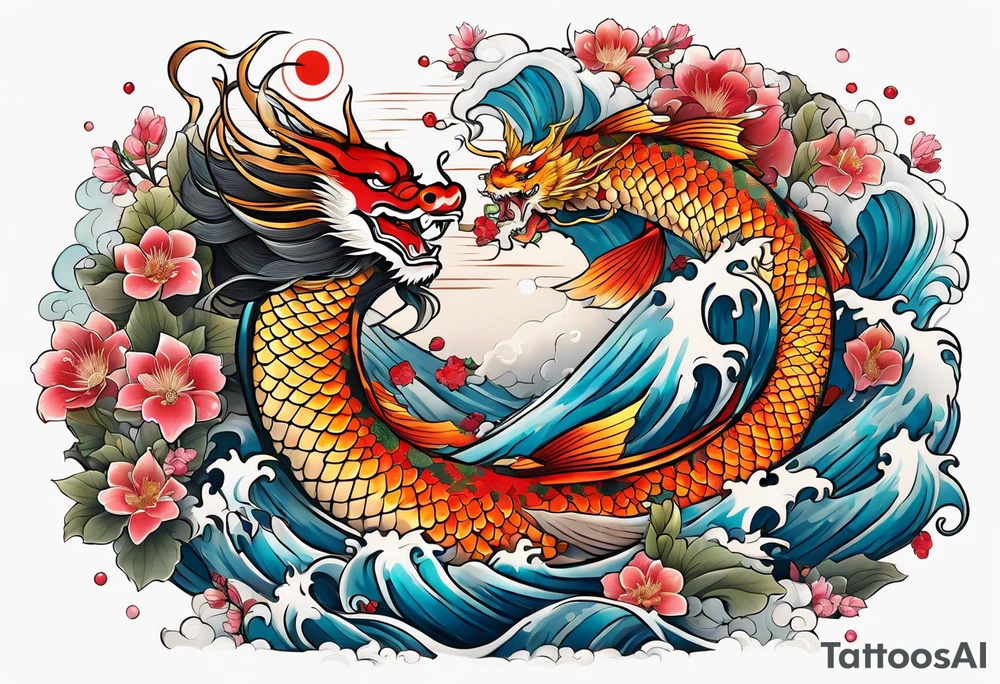 Japanese motives tattoo including geisha dragon coy fish looking like a scenery tattoo idea