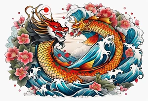 Japanese motives tattoo including geisha dragon coy fish looking like a scenery tattoo idea