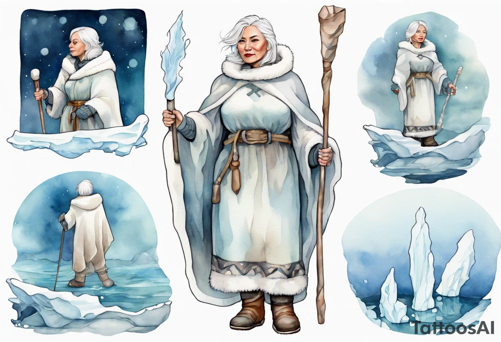 a middle aged Inuit woman with white hair, wearing mittens, wearing a white cloak, holding a white staff, wearing mukluks, standing on an iceberg in the sea tattoo idea