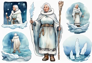 a middle aged Inuit woman with white hair, wearing mittens, wearing a white cloak, holding a white staff, wearing mukluks, standing on an iceberg in the sea tattoo idea