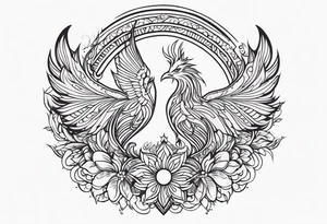 Tribal bohemian feminine impowering Phoenix rising with smoke, mandala sun, floral, lace background tattoo idea