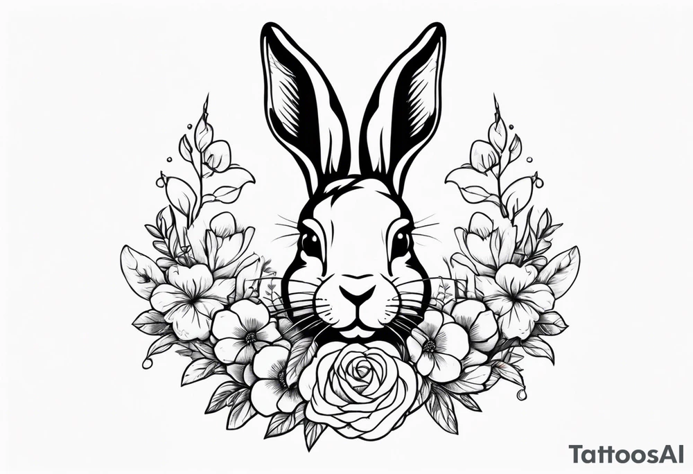 Realistic rabbit head and flowers tattoo idea