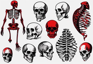 I need a ribcage tattoo of a skeleton.
The skeleton should wear a red/ black suit. tattoo idea