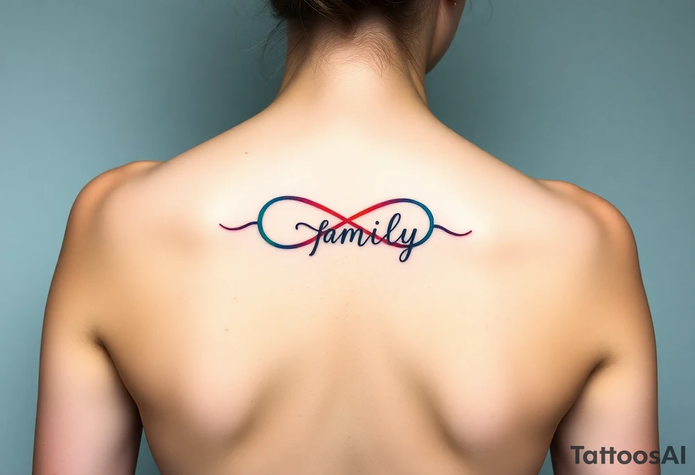 Colorful infinity symbol and the word "family" elegantly placed at the center in a soft script tattoo idea