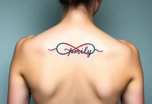 Colorful infinity symbol and the word "family" elegantly placed at the center in a soft script tattoo idea