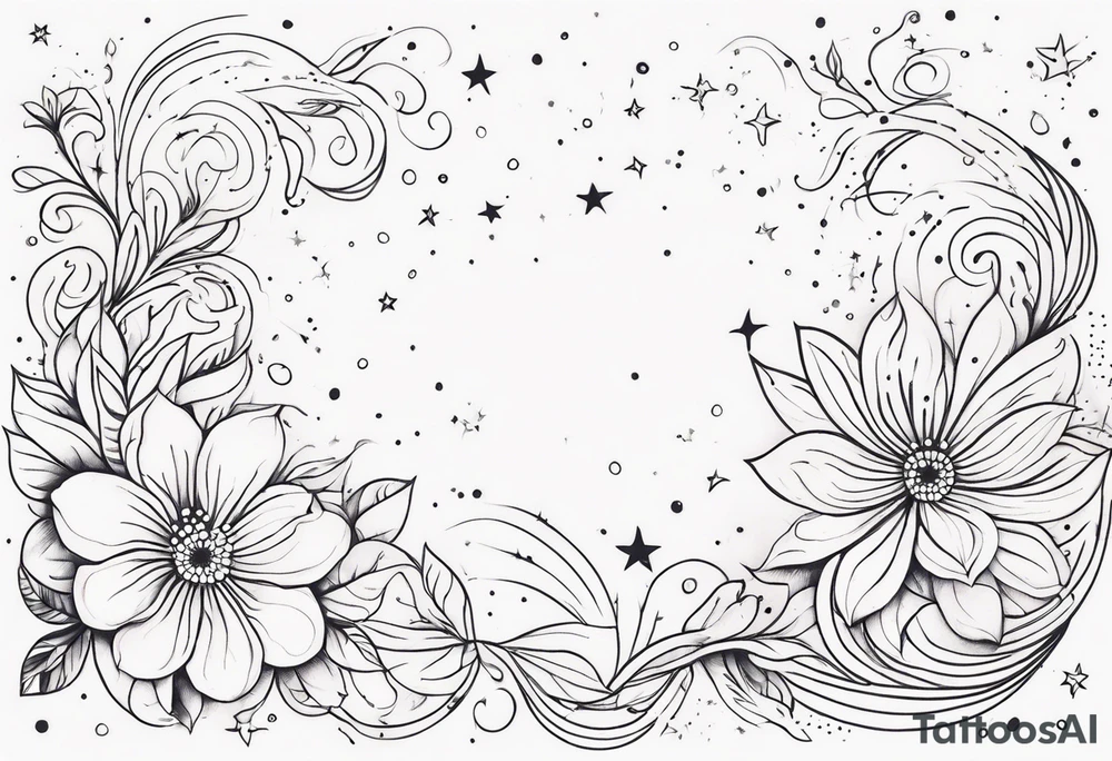 fine line floral with stars, swirls, dots tattoo idea