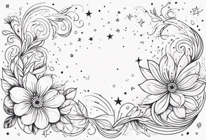 fine line floral with stars, swirls, dots tattoo idea