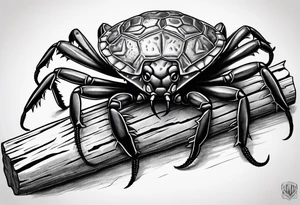 Murray crayfish holding a soccer ball with oversized claws on a log tattoo idea