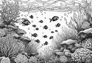 dark 
underwater coral reef with bubbles and fish tattoo idea