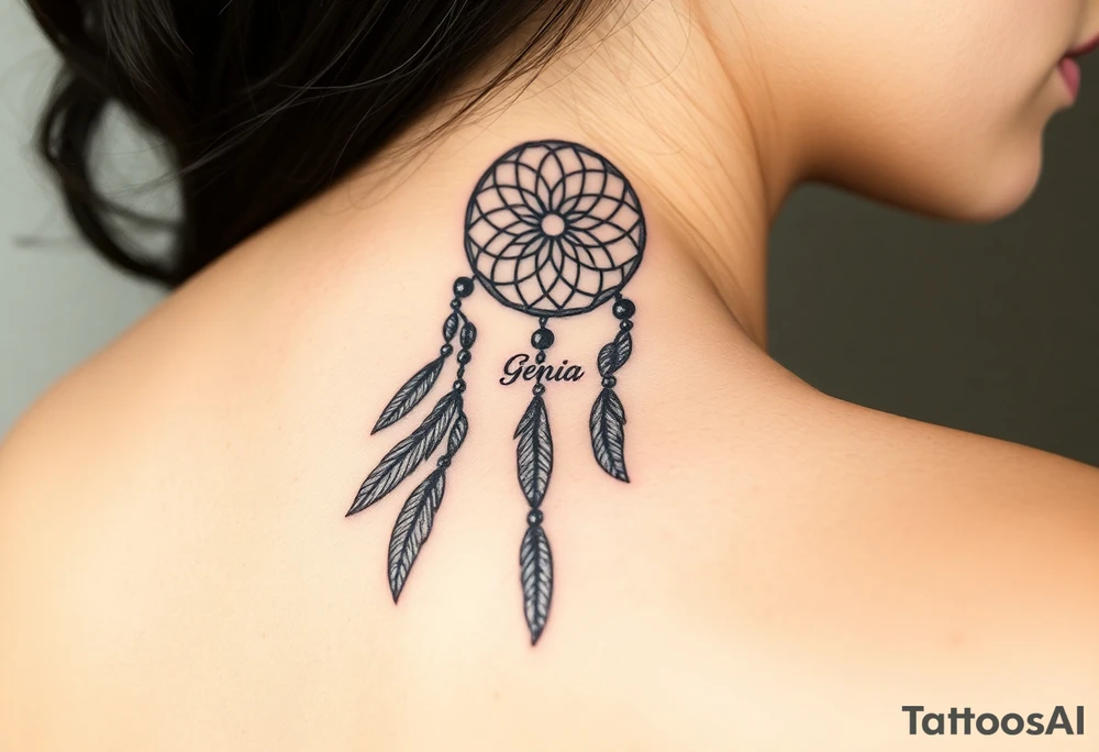 native dreamcatcher with flowing feathers and sacred beads with name Genia in it tattoo idea