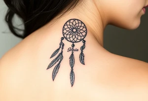native dreamcatcher with flowing feathers and sacred beads with name Genia in it tattoo idea