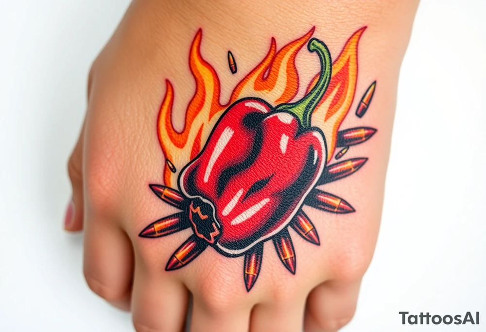 Chili pepper with flames and raining bullets in the background tattoo idea