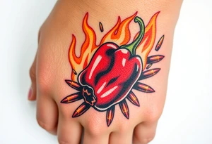 Chili pepper with flames and raining bullets in the background tattoo idea