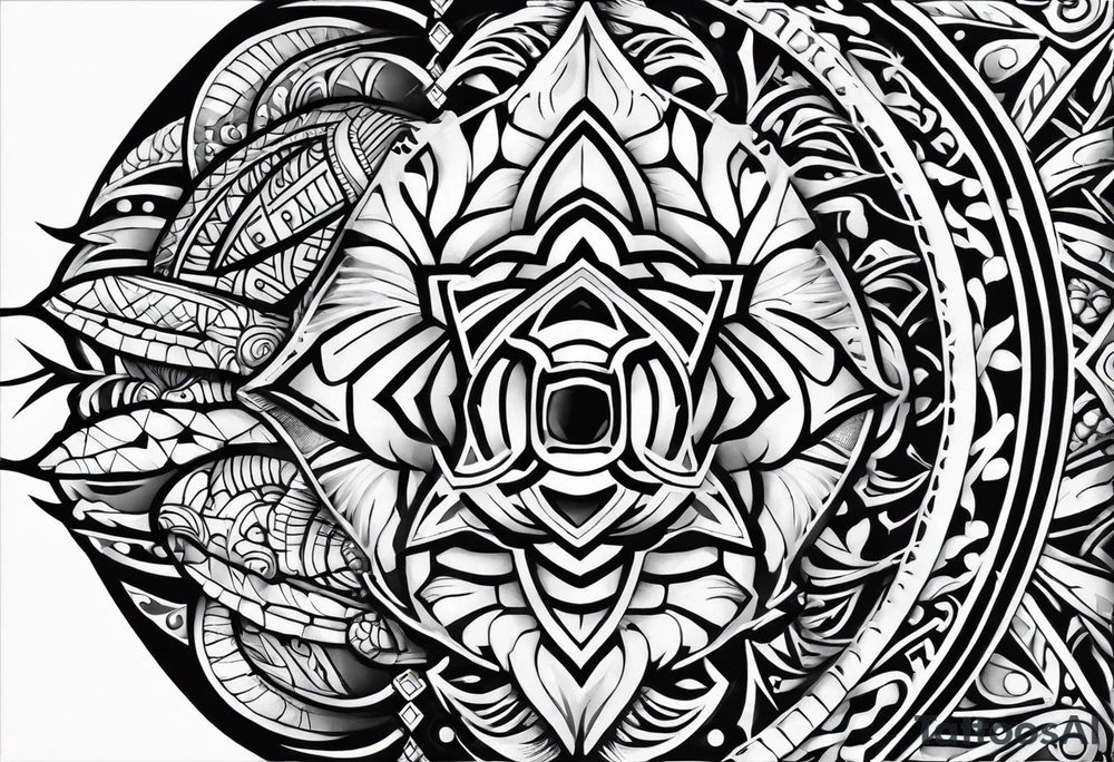 Full Polynesian tribal sleeve with turtle on top on arm tattoo idea