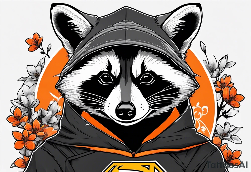 raccoon wearing a black and white Superman hoodie and orange Japanese cherry blossoms tattoo idea