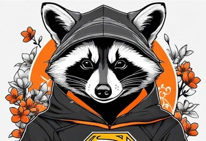 raccoon wearing a black and white Superman hoodie and orange Japanese cherry blossoms tattoo idea