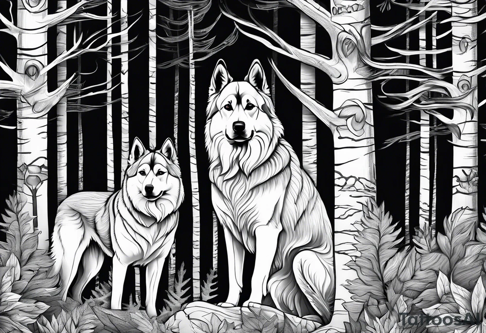 two norwegian elkhounds guarding a dark forest tattoo idea