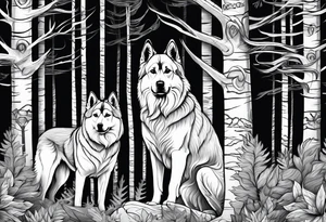 two norwegian elkhounds guarding a dark forest tattoo idea