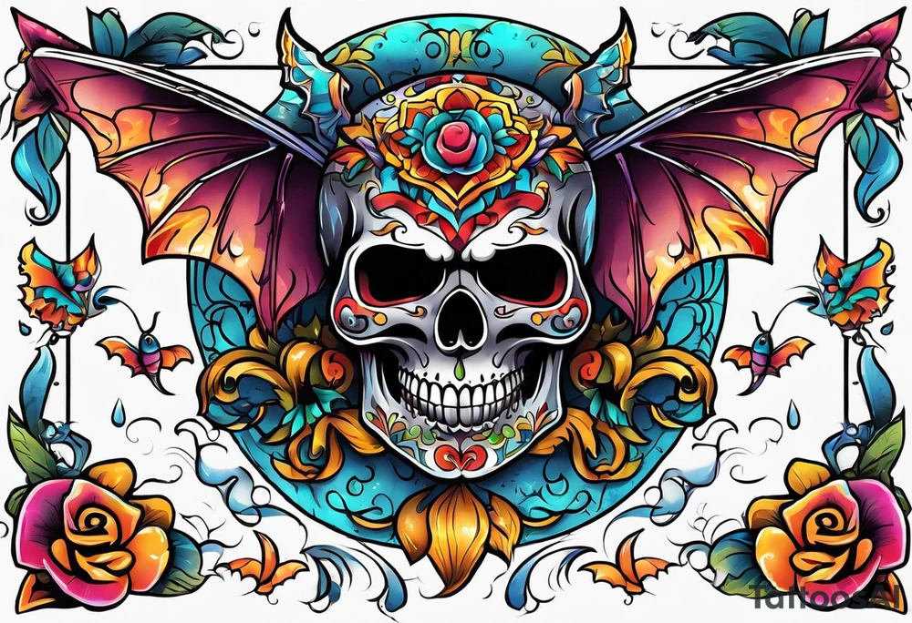 Colorful Mexican hieroglyph skull with bats and water tattoo idea