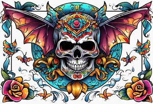 Colorful Mexican hieroglyph skull with bats and water tattoo idea
