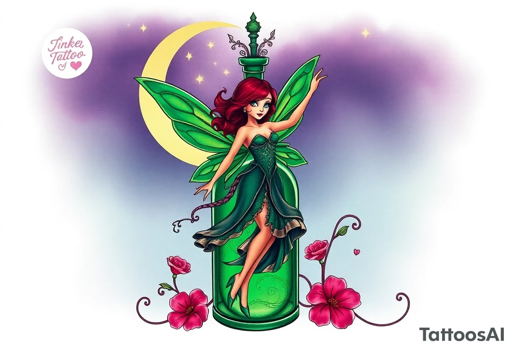 Tim Burton’s pin up style Vintage Parisian elegant and hauntingly beautiful yet eerie full body absinthe Green Fairy dances outside her victorian crystal decatur she was once inside this elaborate ornate bottle absinthe bottle Absinthe Art Nouveau   and dripping with muted reds, dusty pinks, and eerie green glow.purple and cyan smokey clouds swirl in the crescent moonlit sky thats sprinkled with stars tattoo idea