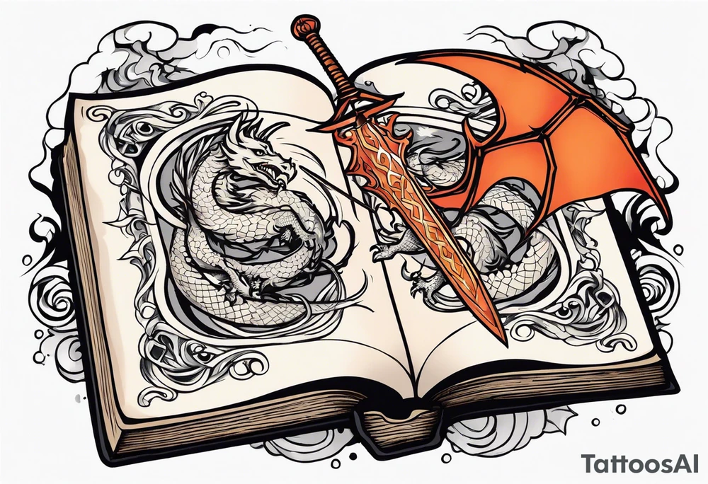 an open book with a sword through it, dragons and sparks surrounding the book tattoo idea