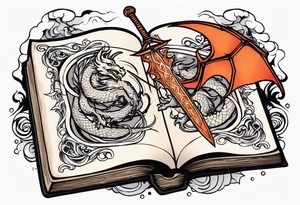 an open book with a sword through it, dragons and sparks surrounding the book tattoo idea