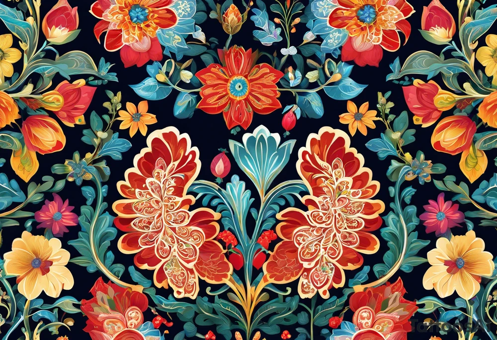 intricate and artistic arrangement of flowers and ornamental patterns that come together to form the shape of human lungs. The design should have a balance of delicacy and detail, with vibrant floral elements seamlessly intertwining to mimic the structure of the lungs, including the bronchi branching into floral motifs. Incorporate subtle shading and depth to give the tattoo a dynamic and organic feel, while maintaining elegance and symmetry tattoo idea