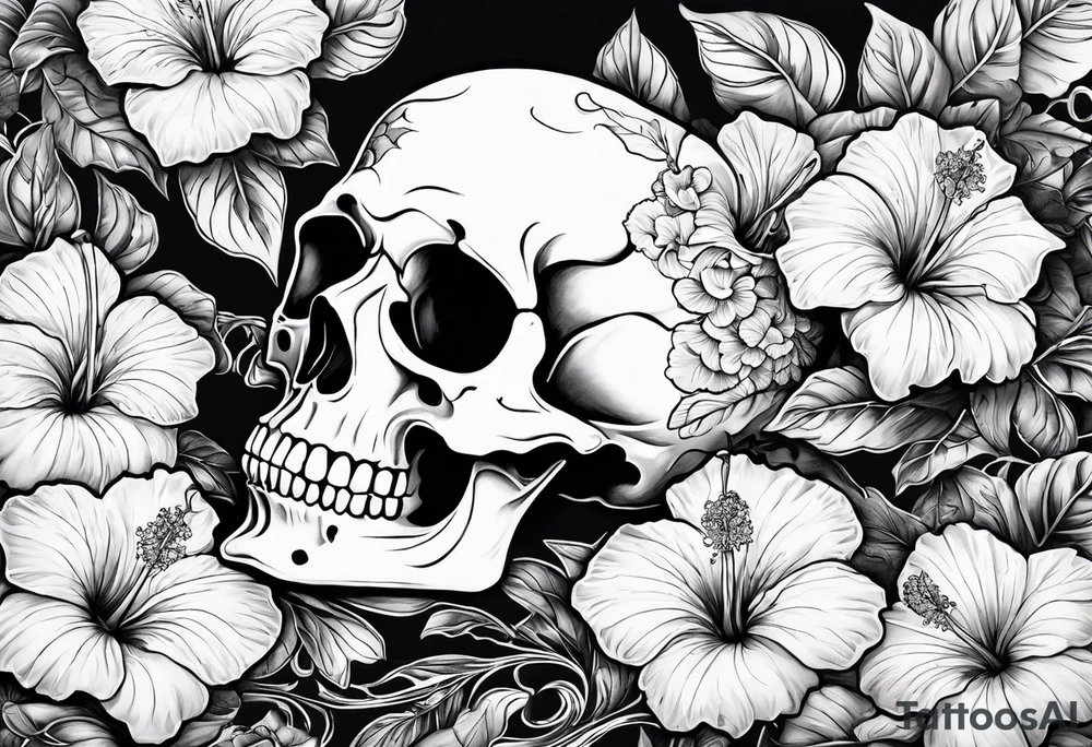 a  female skeleton laying in a bed of hibiscus flower. tattoo idea