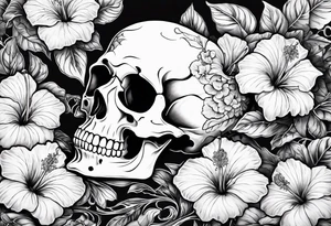 a  female skeleton laying in a bed of hibiscus flower. tattoo idea