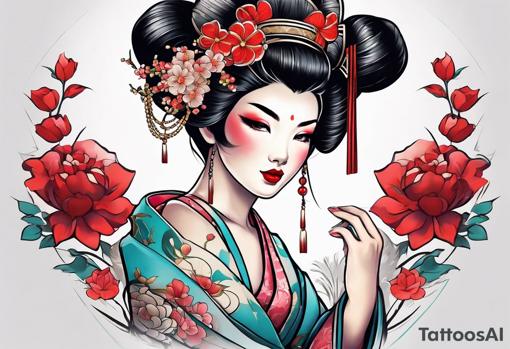 neo traditional Geisha pinup tattoo idea