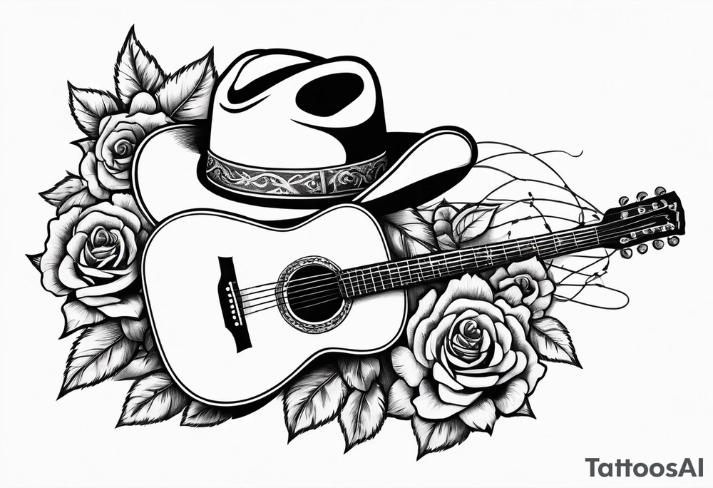 Country acoustic guitar with cowboy hat, barbed wire and roses in background tattoo idea